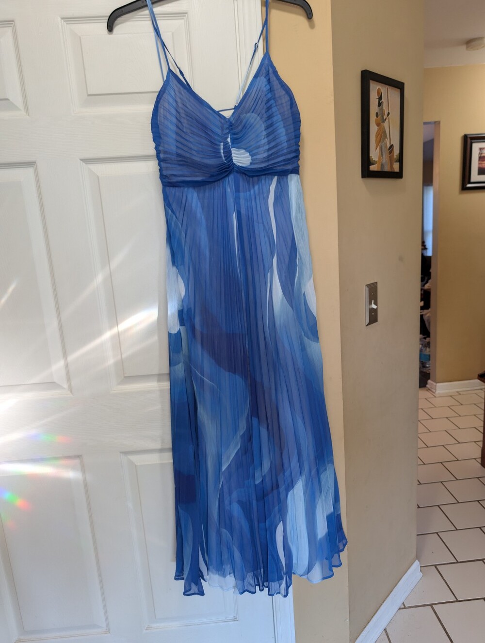 Express Pleated Chiffon Watercolor Lined Adjustable Strap Maxi Dress